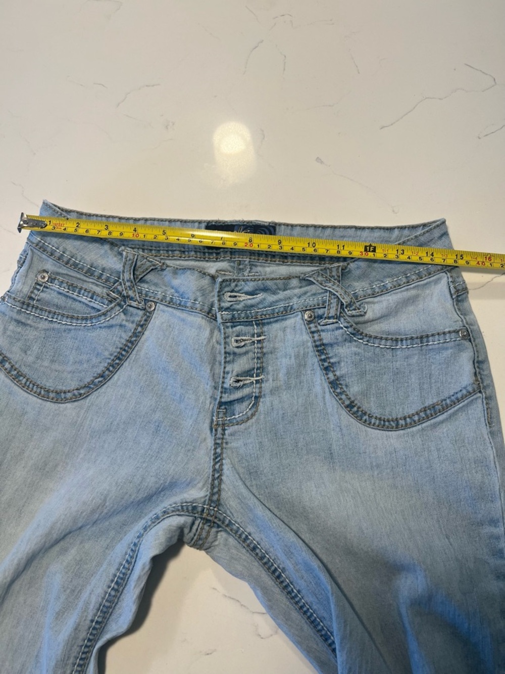 Vintage Y2K Angels Light Wash Button Fly Distressed Flared Jeans - Size 11 - Picture 11 of 12